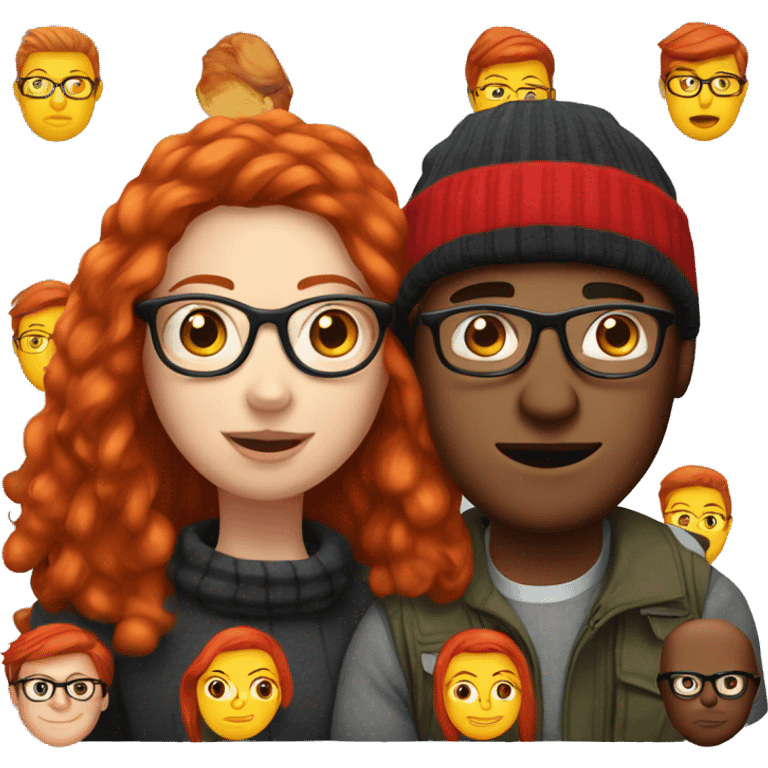 Long Red haired white woman in beanie with red head boyfriend with glasses emoji