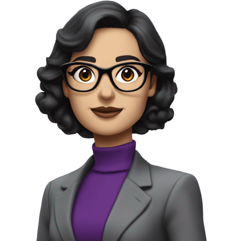 Full torso of Tv show young Diana Prince wearing grey suit with silk purple turtleneck and black eyeglasses  emoji