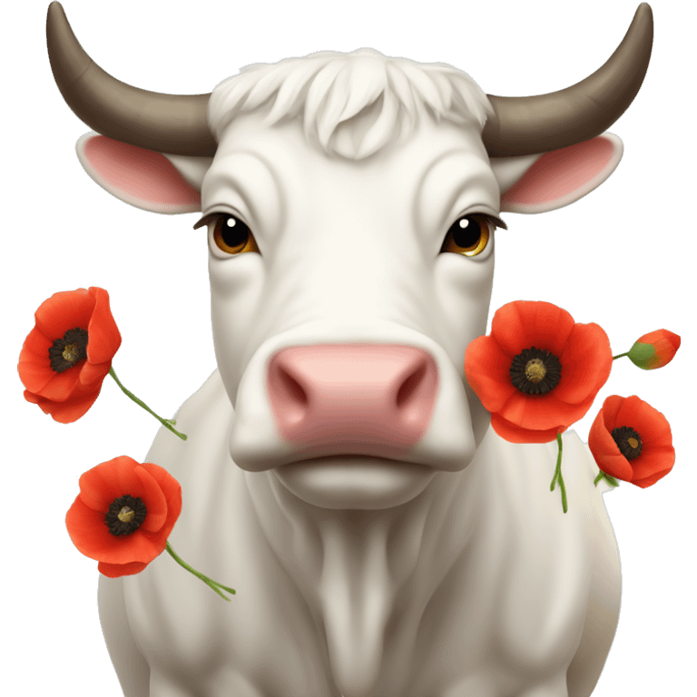 Realistic cute White Bull Ox with many poppies on big horns emoji