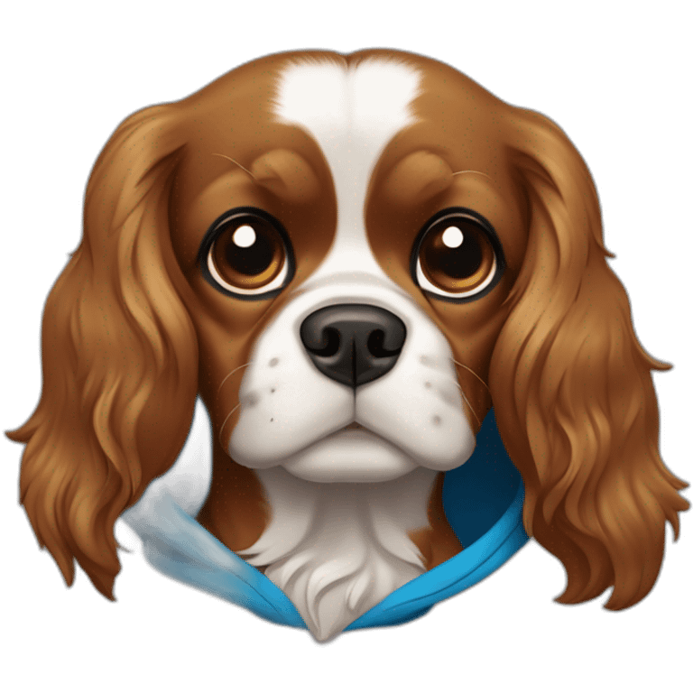 Fully Brown/golden, no white, cavalierk King Charles spaniel dog with blue hoodie on, over his head, happy, wagging tail emoji