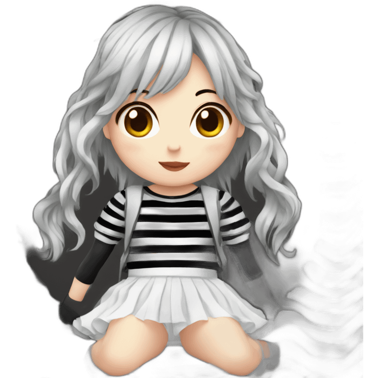 Frontal view curvy emo girl sits white skirt striped stockings hands up emoji