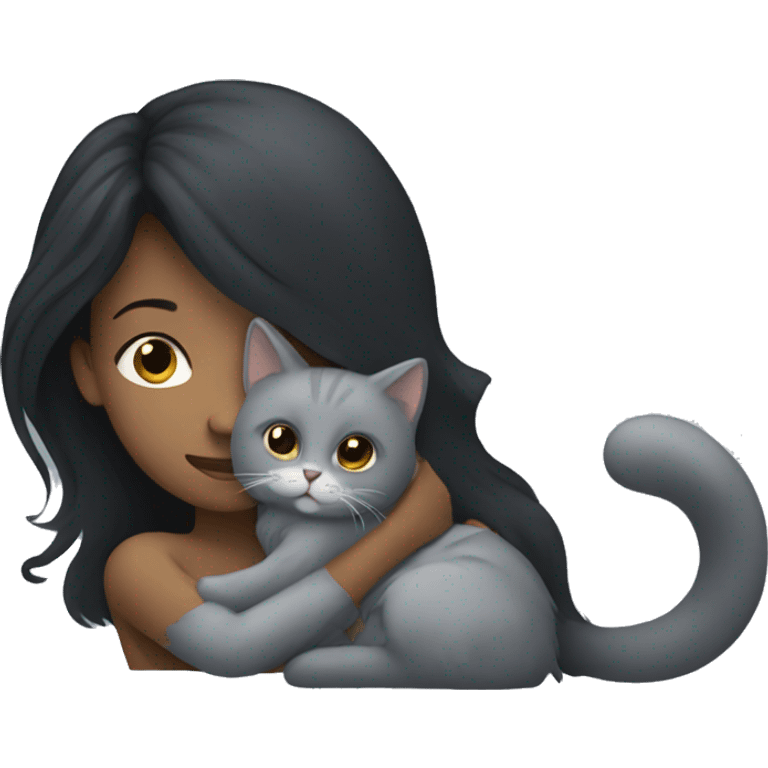 Black long haired woman hugging a grey long haired kitty  emoji