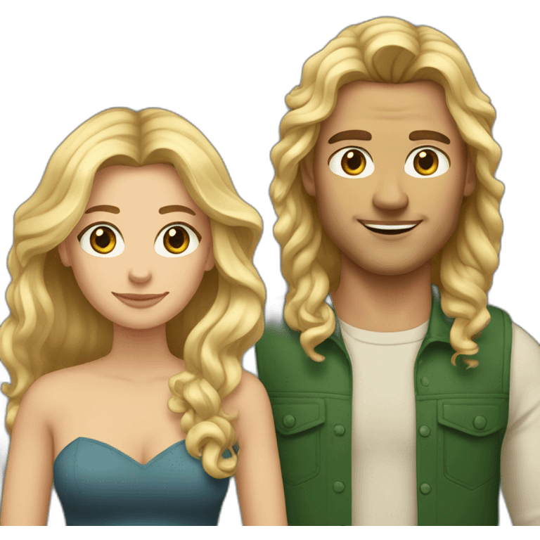 An american couple. The woman is blonde and has blue eyes and long wavy hair. The man has brown, wild hair, his left ear is perced. His eyes are green emoji