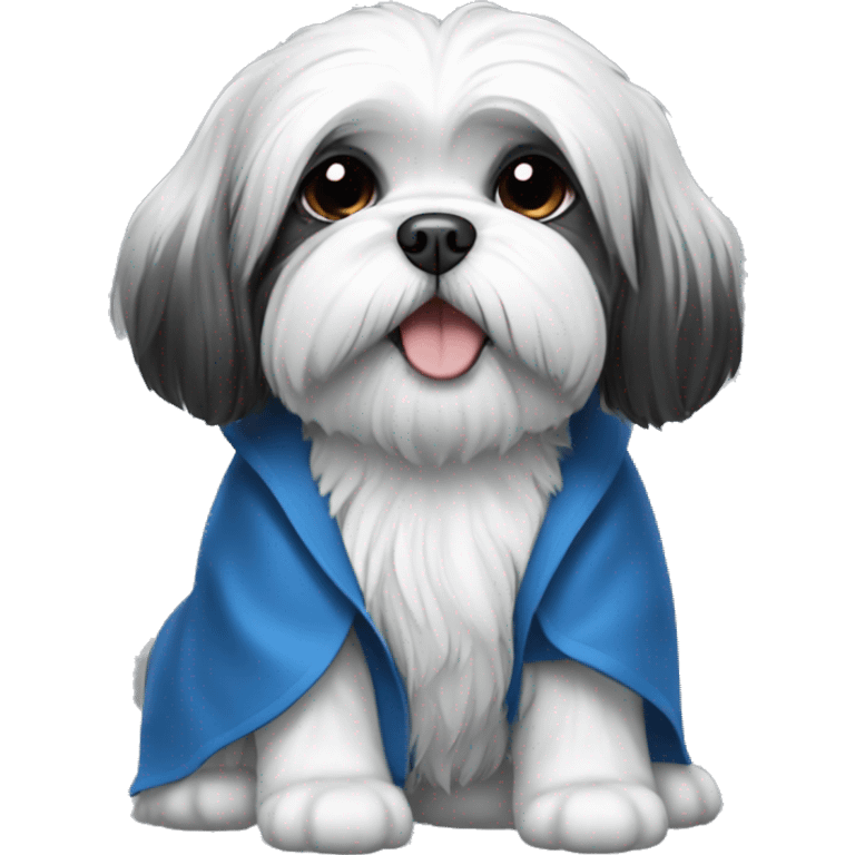 Black and white Lhasa apso dog wearing blue coat  emoji