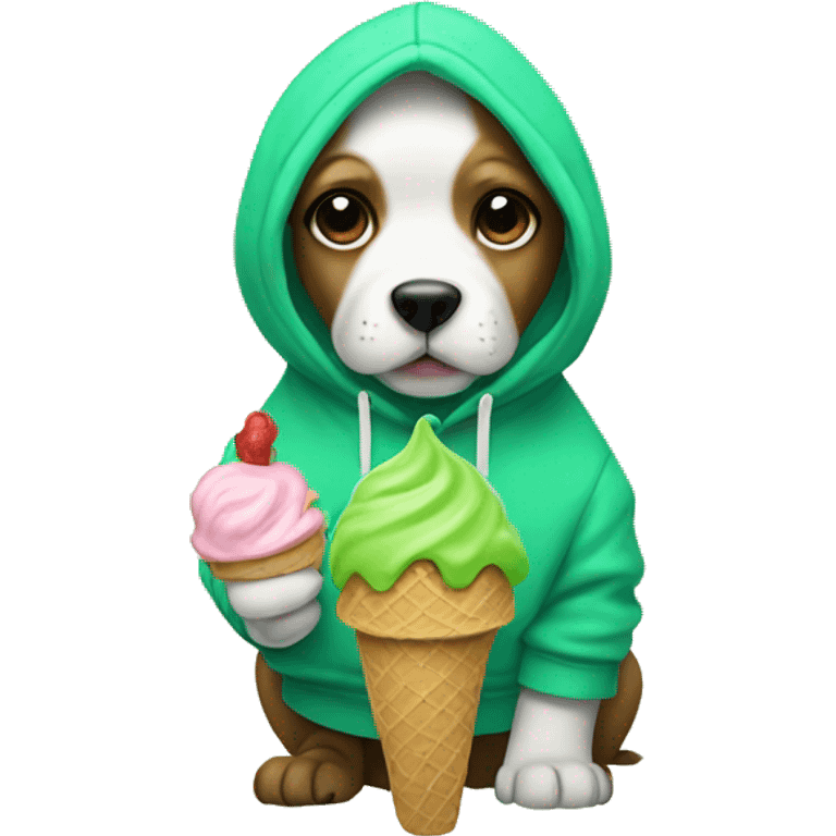 Dog wearing a hoodie while holding an ice cream and the ice cream is coloured green emoji