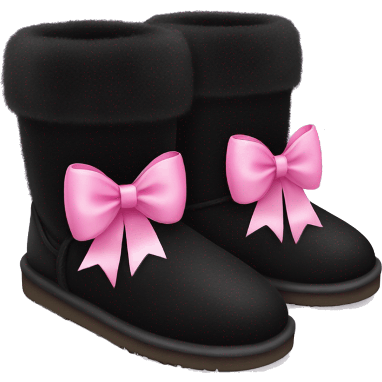 Realistic black Ugg fur boots with pink ribbon bows isolated.  emoji