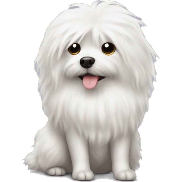 Small white fluffy dog pooping on bed emoji