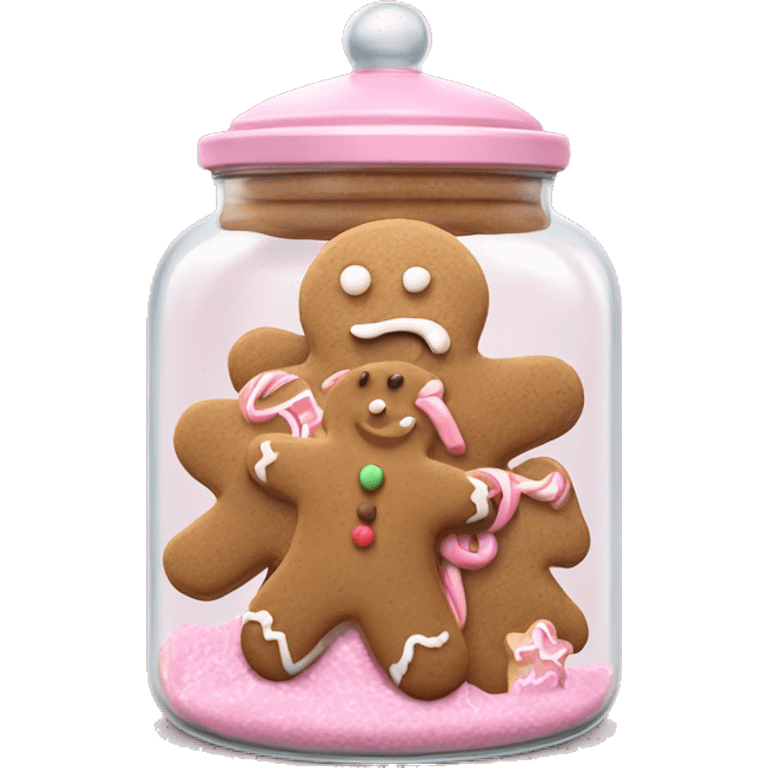 Realistic glass cookie jar with light pink lid full of gingerbread cookies isolated.  emoji