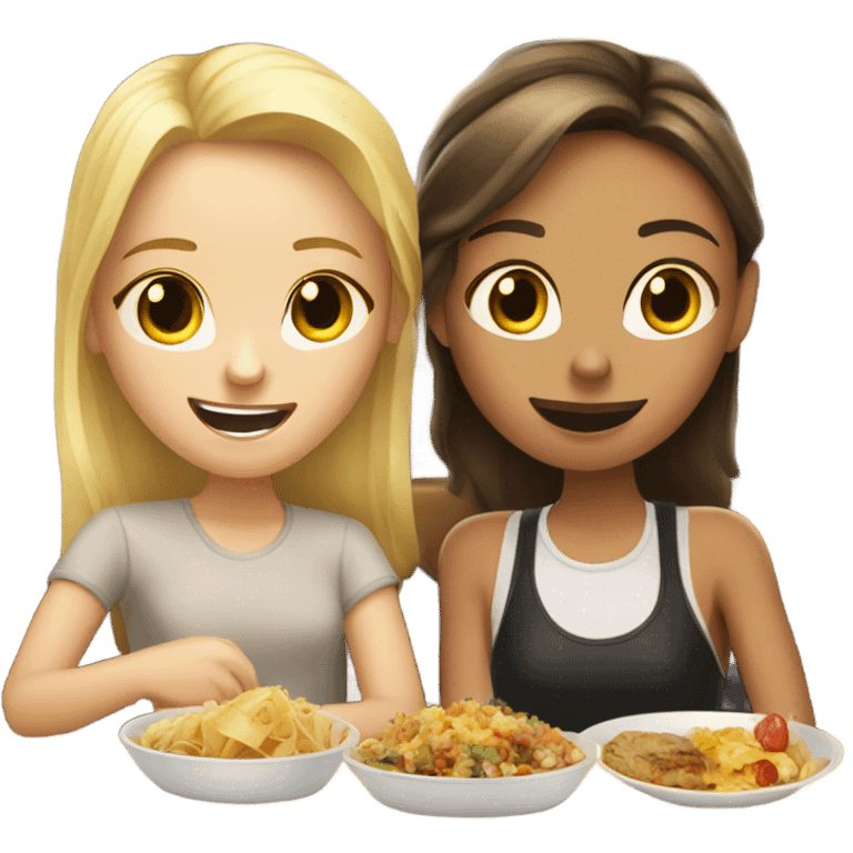 Blonde hair freckly face girl and brunette girl sat in restaurant eating food emoji