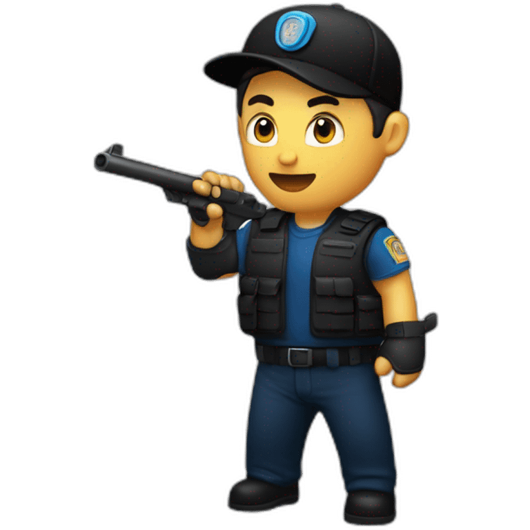 private security with blue shirt, black pants and black cap, without vest with tonfa on one side and the radio next to it emoji