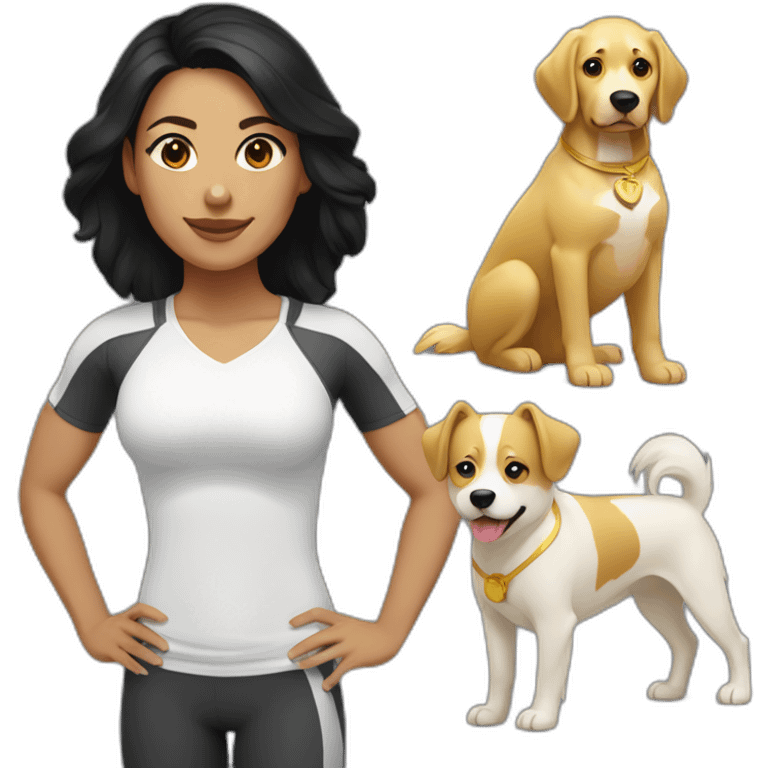 crossfit woman with black hair, white and doing lowering. And a golden dog at her side emoji