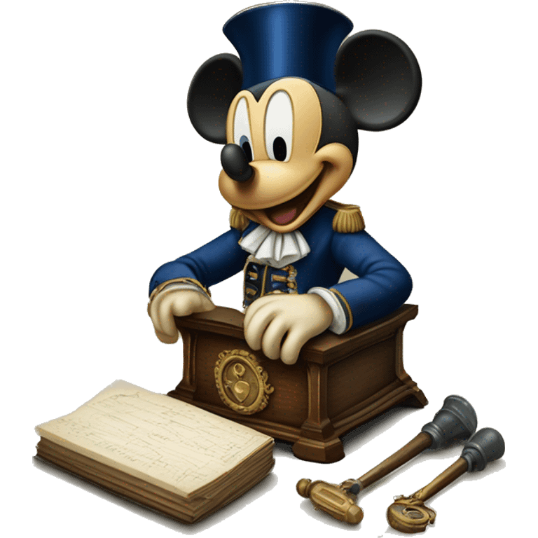 Mickey mouse next to an antique French Revolution royalty remover instrument emoji