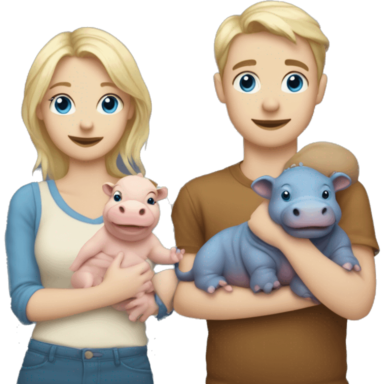 blonde girl with blue eyes holding tea in one hand and holding hands with brunette boy with blue eyes holding a baby hippo in his other arm emoji