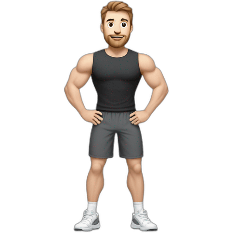 Full height Actively gesturing with hands Pale skinned Fit Man With the biceps and brown hair in dark gray Sleeveless Mike, black oversize sports shorts, watch and white Sneakers emoji