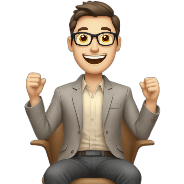 Joyful Celebrating victory Hands up Pale skinned Fit Man With dark brown hair in gray jacket, beige office shirt, Brown pants and vintage glasses sitting In a soft chair emoji