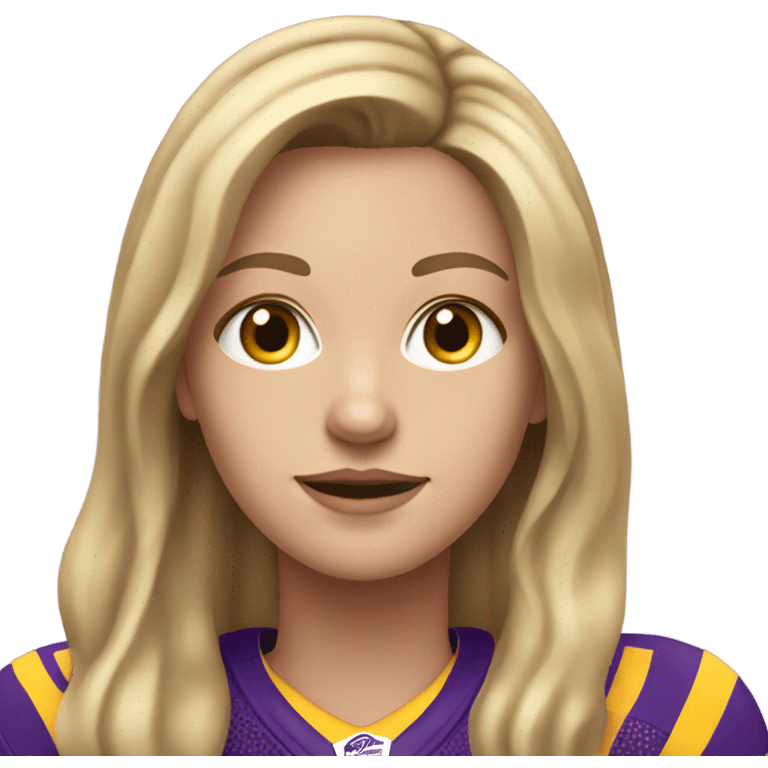 White Girl with long, dark blonde hair. She is wearing a purple and yellow football jersey emoji