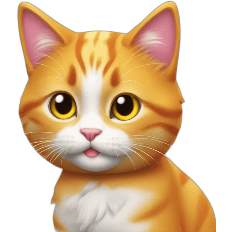 orange cat, pink nose, white on nose bridge, yellow eyes, white fur on chest, with red headphones, speaking into a shure mic on and round pop screen emoji