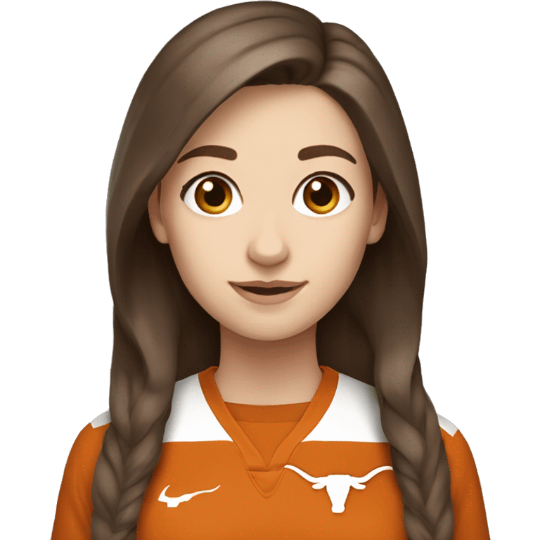 Brown hair, pale skin, woman. Wearing University of Texas Longhorn clothes emoji