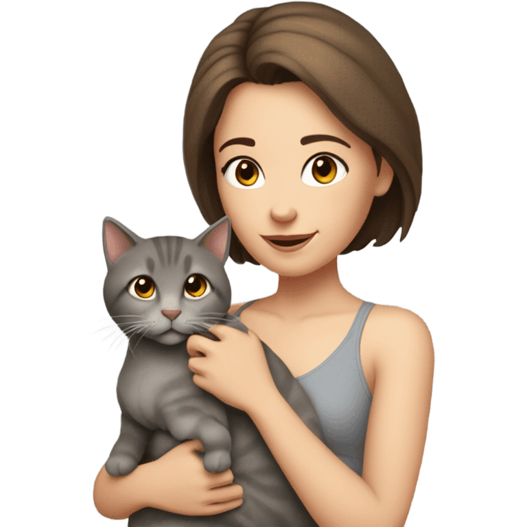 A middle aged, cat loving girl with brown hair and fair skin wearing a grey halter top emoji