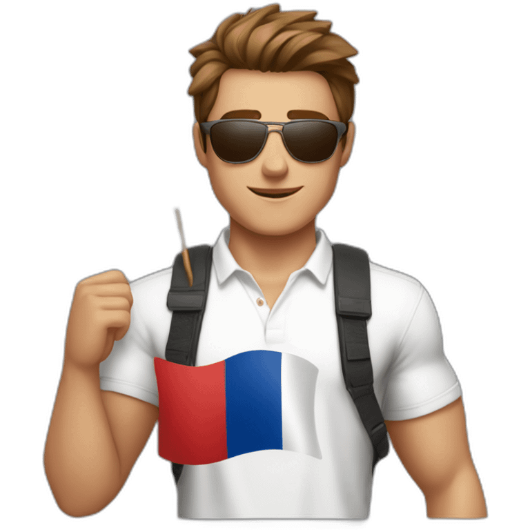 A young fit man with a white shirt and sunglasses on his hair with brown hair and a French flag in his hand emoji