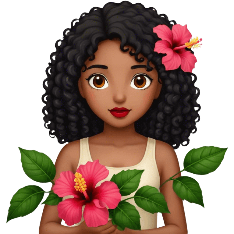 Girl with brown skin with black curly hair holding hibiscus flowers emoji