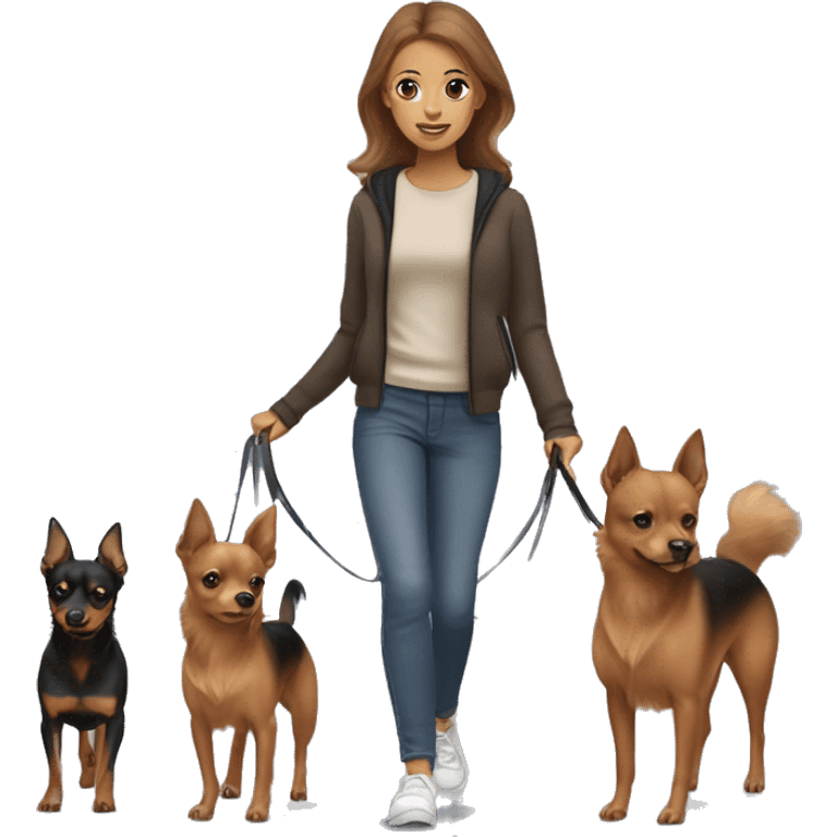 A light brown haired girl, walking one mini black and tan miniature Pinscher and one bigger, fluffy & light brown Spitz on the lead emoji