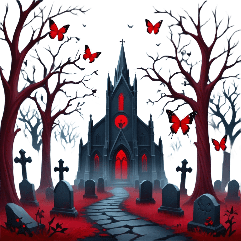 Moonlit graveyard shrouded in mist, eerie red butterflies with blood-like patterns hover near twisted trees. Dark cathedral looms in the background, a ghostly figure watches in silence." emoji