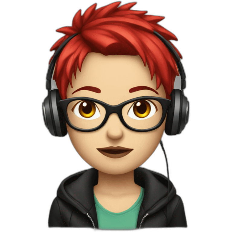 Female punk, glasses, red and short hair, headphones emoji