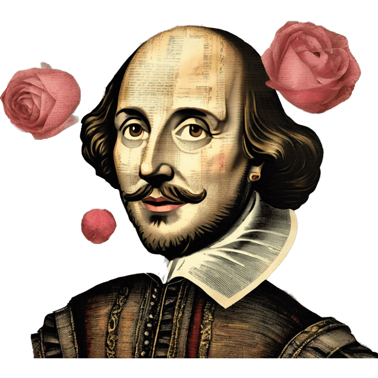 Shakespeare made of newspaper cuttings handwriting 420 hemp roses flowers plants leaves dragonfly mulberries Italy emoji