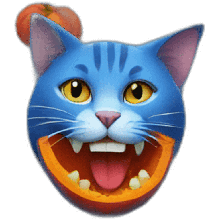 blue cat eating a red pumpkin emoji