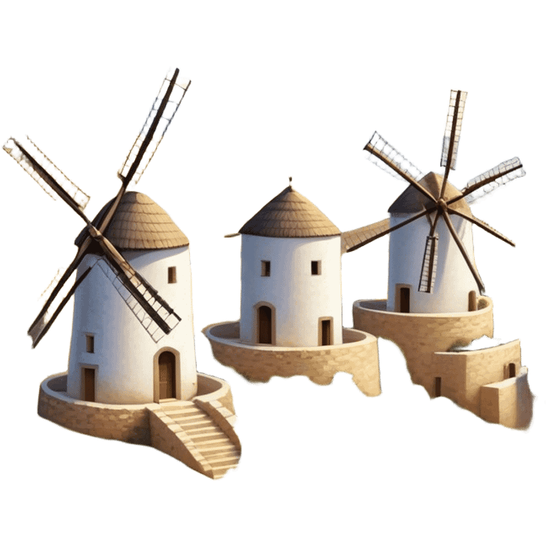 ​Cinematic Realistic Spanish Windmills (Mota del Cuervo), depicted as a cluster of gracefully aged windmills with weathered whitewashed facades and rustic wooden sails, standing proudly on a sunlit, rolling hillside of golden fields and olive groves, rendered with intricate textures and soft natural lighting that captures the timeless rural charm and historical significance of the Spanish landscape, emoji