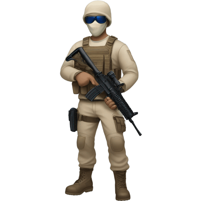 White male, call of duty mask, tan tactical gear, tan pants, combat boots, black beanie, blue eyes emoji