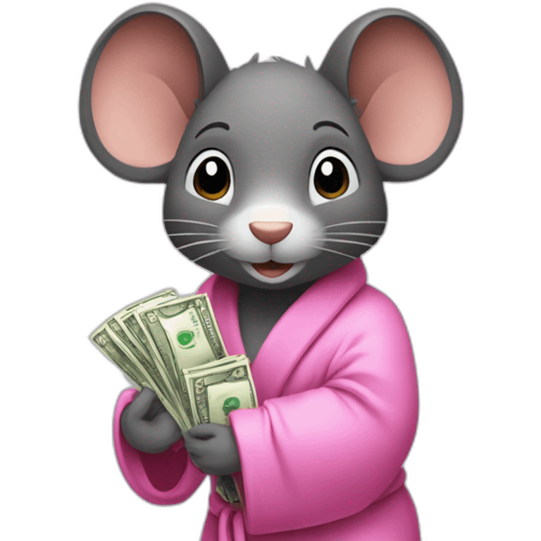 a rat female with a pink bathrobe and black hairs, holding a bunch of money emoji