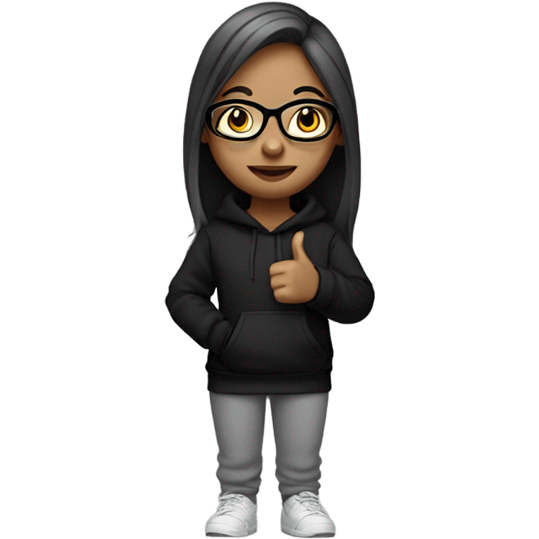 girl standing with thumbs up black hoodie and grey sweatpants and she has straight hair, and she uses glasses emoji