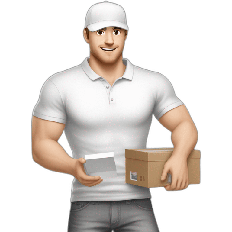 Pale skinned fit Man with dark brown hair in a white cap, gray jeans and gray polo T-shirt keeping a pasted with tape white box into his hands emoji