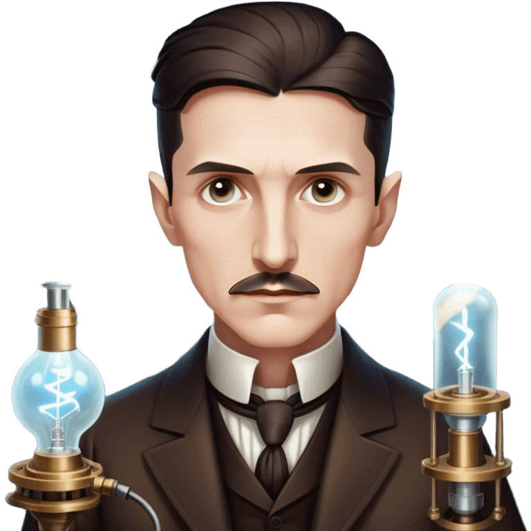 Nikola Tesla – Cinematic Realistic Portrait of Nikola Tesla, depicted as a visionary inventor with intense, thoughtful eyes and period attire, surrounded by subtle arcs of electric light and early laboratory apparatus, rendered with dramatic lighting that evokes mystery and innovation. emoji