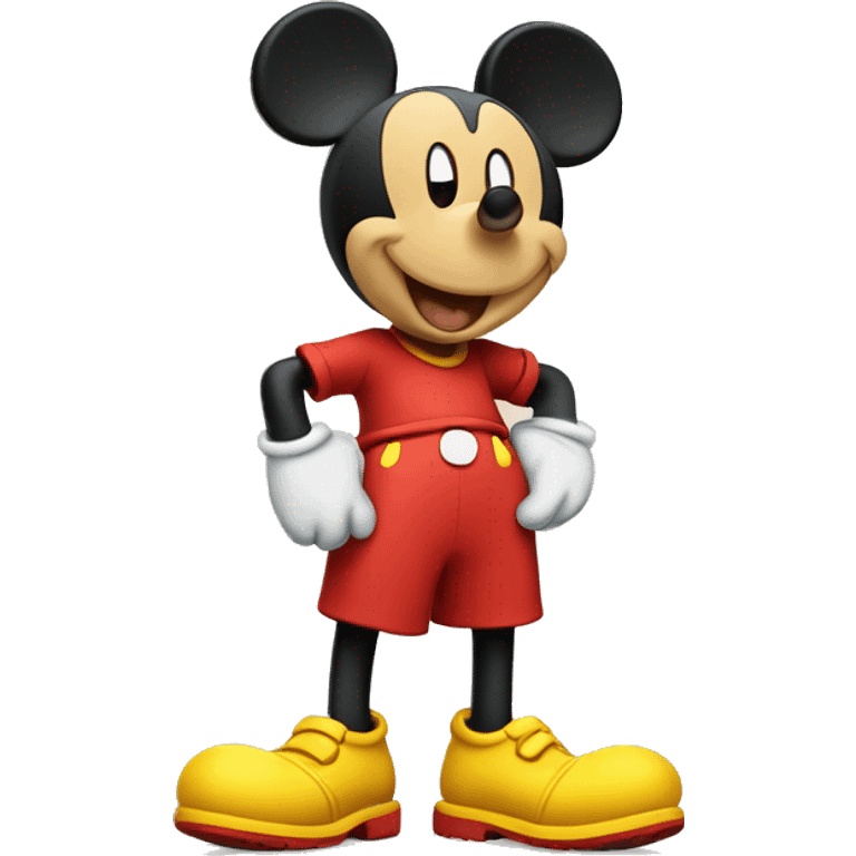 Mickey Mouse wearing red shorts and big yellow shoes, smiling happily. emoji