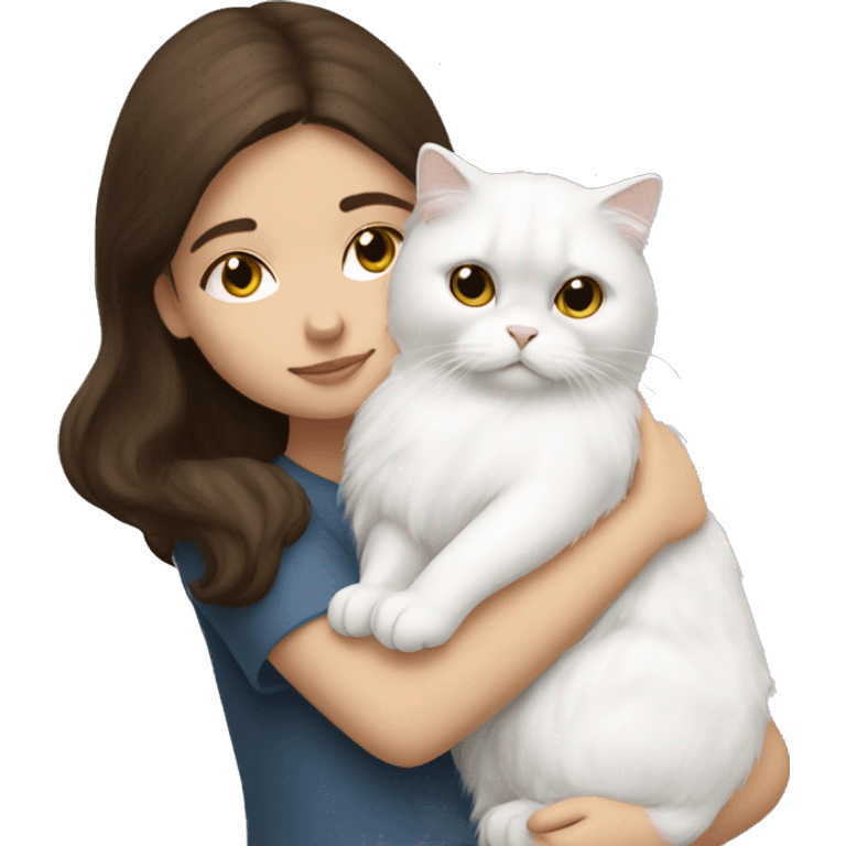 Brunette girl snuggling white Persian cat emoji