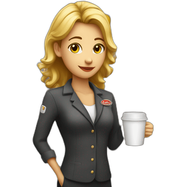 Female barista wear uniform and stand near coffee shop with cup of coffee and a cigarette emoji