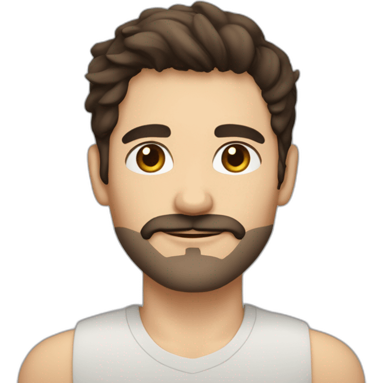 A young Caucasian man with dark brown, almond-shaped eyes, short dark brown hair, and a small dark brown beard with a more prominent mustache. emoji