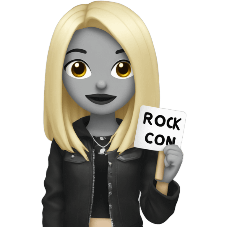 Blonde goth girl holding a sign that says “rock on” emoji