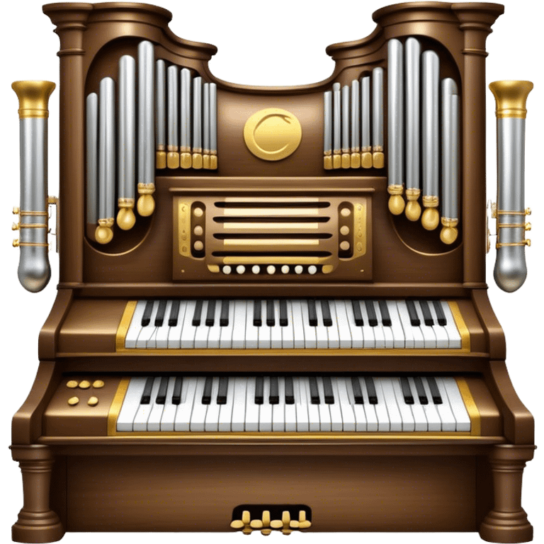 Create an elegant and majestic emoji representing a classical organ. The design should feature the grand pipes of the organ in the background, with visible details of the keys and pedalboard in the foreground. The pipes should be tall and impressive, with a mixture of gold, silver, and metallic shades to emphasize the grandeur of the instrument. The keyboard and pedals should be well-defined, capturing the intricate craftsmanship of the organ. Use dark wood tones and gold accents for the body of the instrument to give it a rich, historic feel. Add subtle musical notes around the organ to evoke its deep, resonant sound. The background should be transparent. emoji