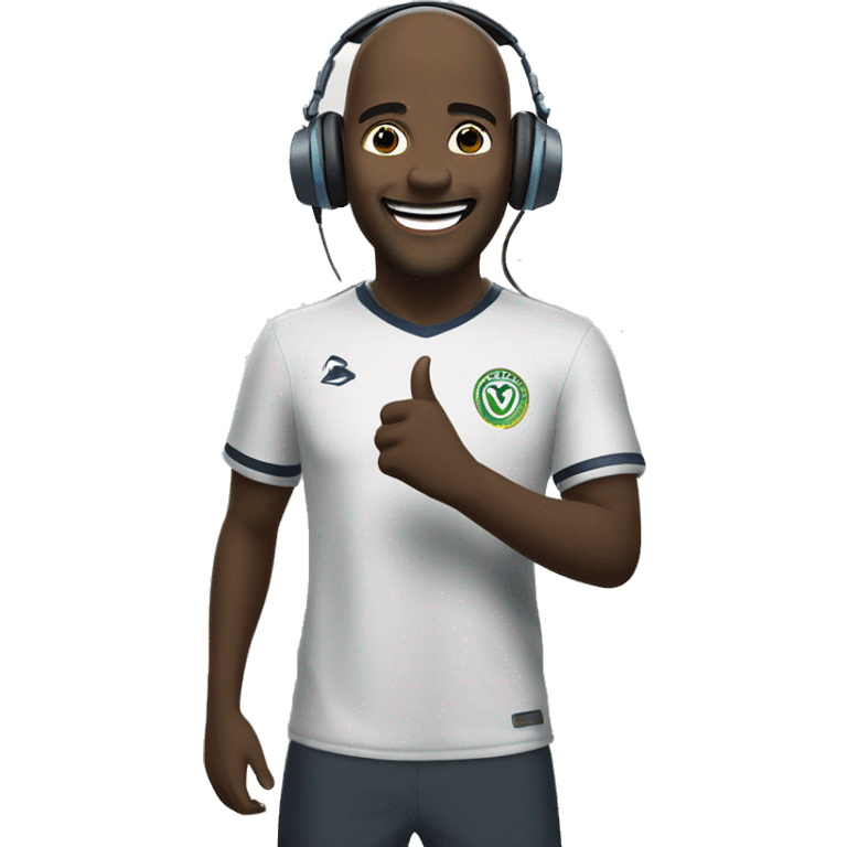 a white man is very happy because his favourite team has won a match he is wearing a headphone and standing in a ground behind him stadium is present emoji