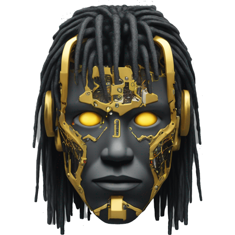 black metal male cyborg head with circuitry and wispy yellow gold hair emoji