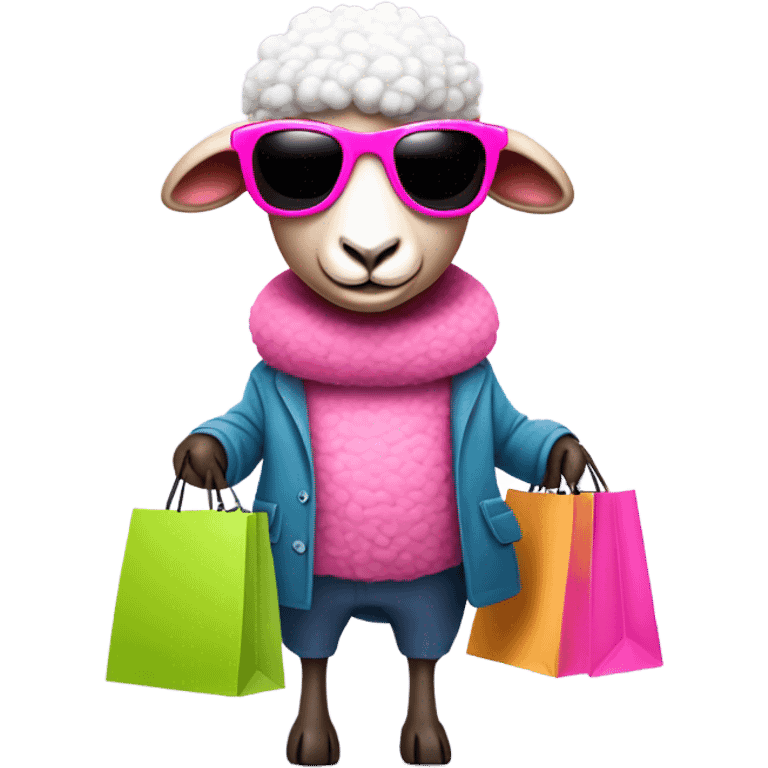 Diva pink sheep with sunglasses holding two shopping bags emoji