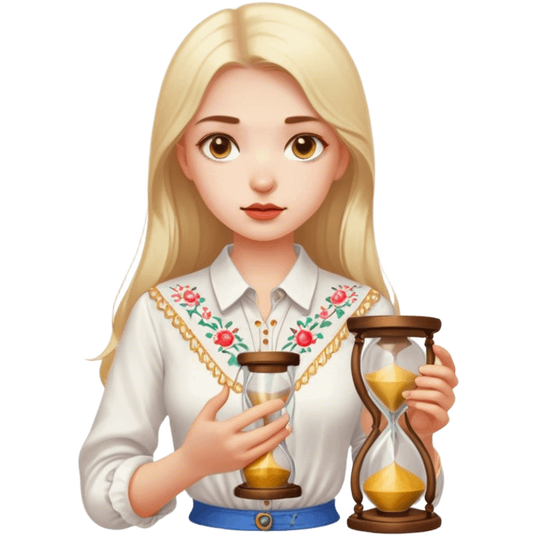 A Ukrainian girl in a white embroidered shirt holds an hourglass in her hands emoji