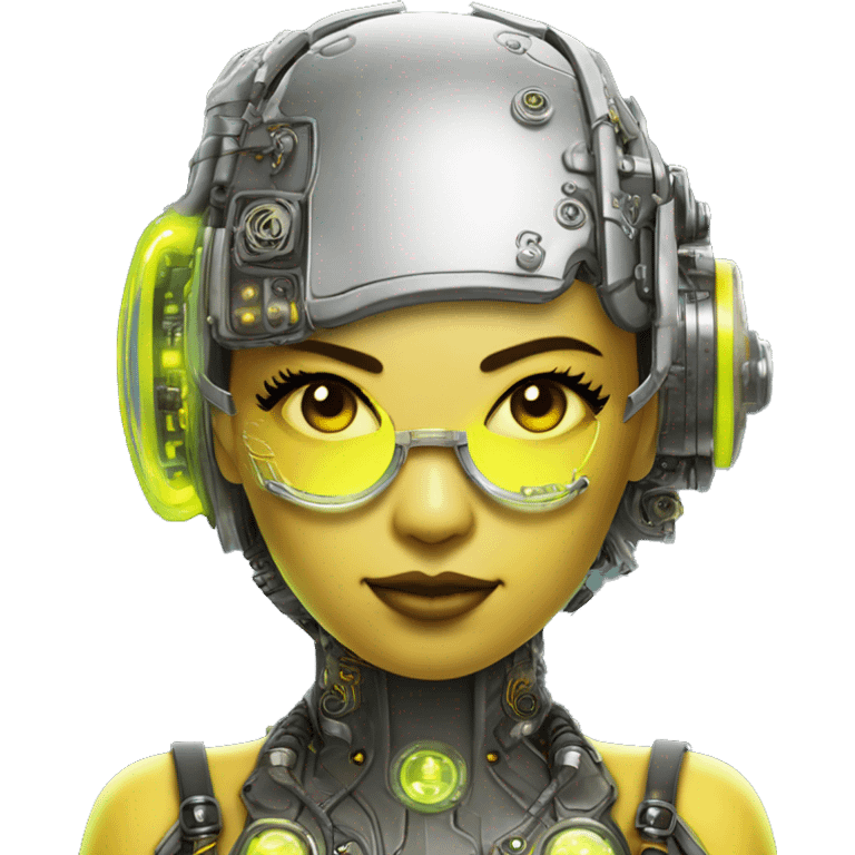 Neon yellow bobbed hair Asian female cyborg head with silver steampunk goggles and circuits emoji