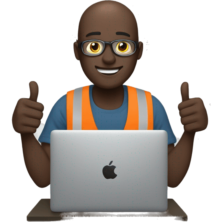 man working on laptop. bald, dark skin, macbook, thumbs up on righ hand emoji