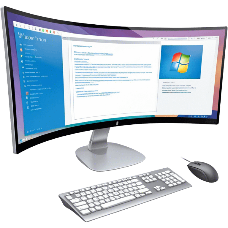 Create an emoji for UX/UI design. Show  large curved monitor displaying windows with UX/UI design HTML program interface. Include a mouse, keyboard, and stylus next to the screens. Use modern, professional colors. Do not include any emojis or smiley faces. Make the background transparent. emoji