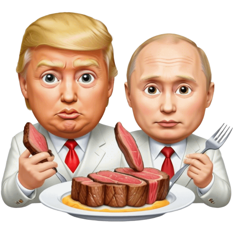 photorealistic Donald Trump and Putin eating a steak shaped like an piece of landemoji emoji